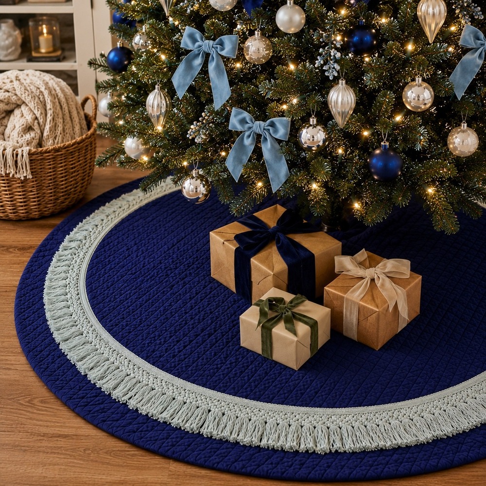 Vintage Blue Quilted Christmas Tree Skirt with Cream Macrame Fringe Trim 48 Inch